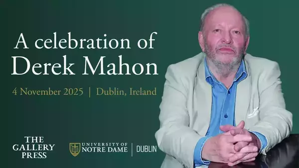 Derek Mahon, an older man with gray hair and beard, wearing a beige jacket and blue shirt, sits with hands clasped. Event: A celebration of Derek Mahon, 4 November 2025, Dublin, Ireland.